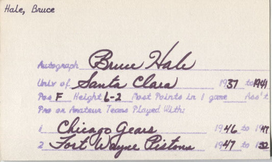 Bruce Hale signed 3x5 card - Chicago American Gears - Zollner Pistons