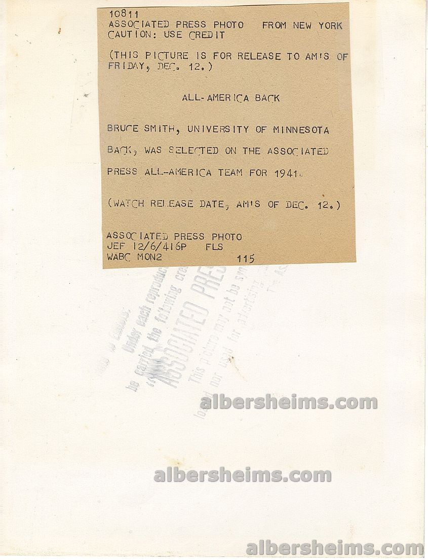 1941 Heisman Trophy Winner Bruce Smith Selected to All-American Team Minnesota Gophers Original TYPE I Photo