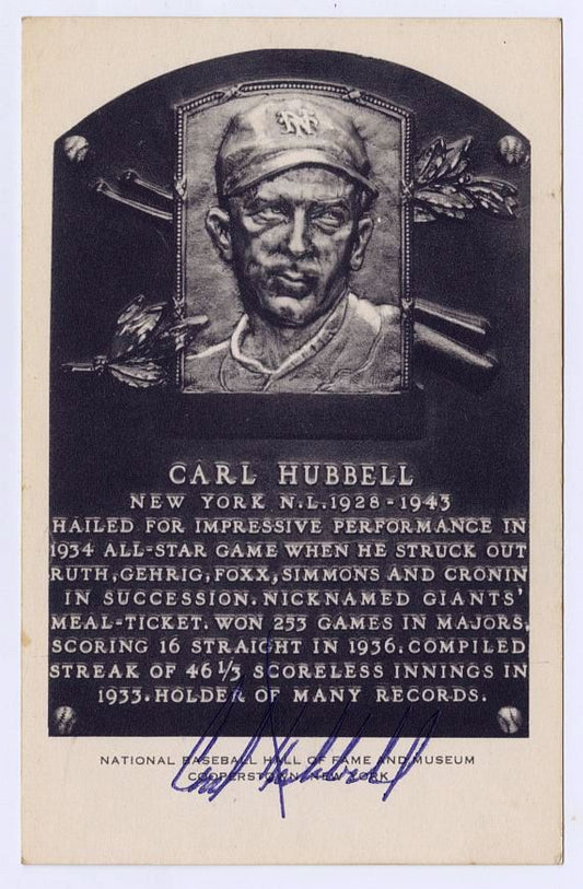 Carl Hubell Signed AUTO B&W Baseball Hall of Fame Plaque Postcard Artvue