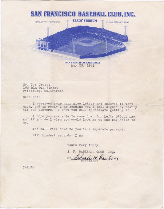 Charlie Graham Signed AUTO Letter on San Francisco Seals Letterhead 1906 Boston Red Sox – PCL Owner D.1948
