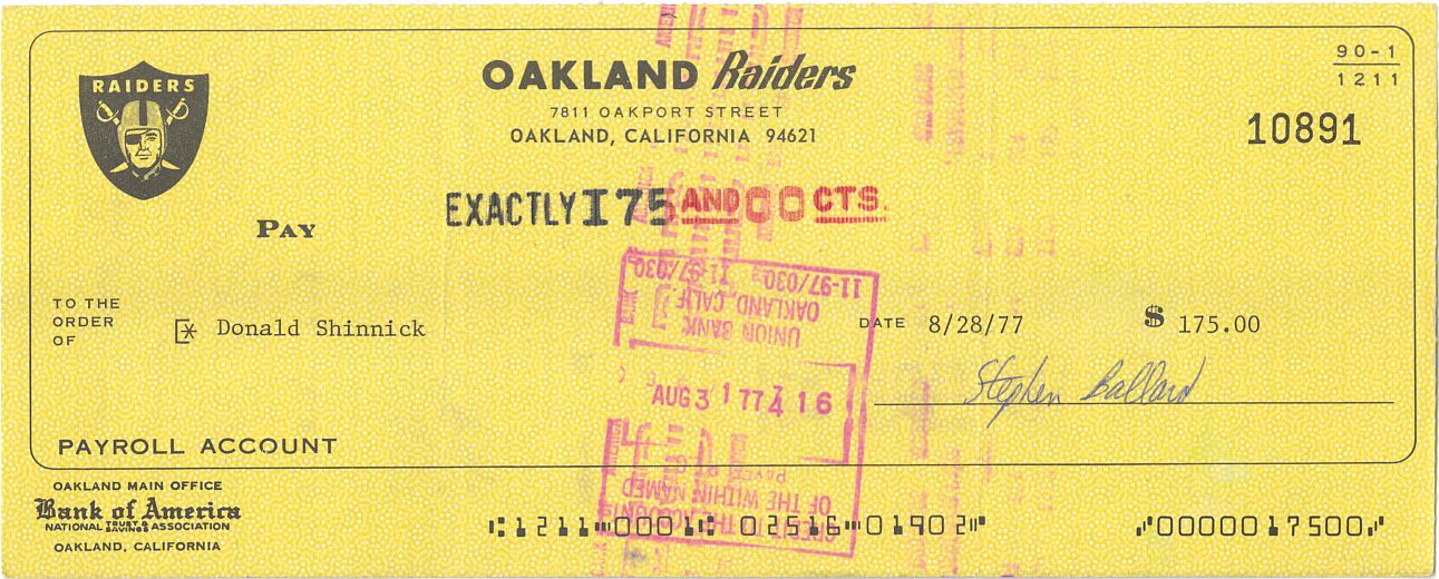 Don Shinnick Signed AUTO 1977 Oakland Raiders payroll Check