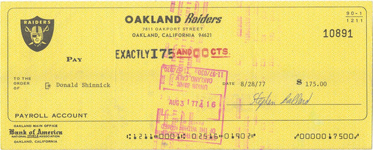 Don Shinnick Signed AUTO 1977 Oakland Raiders payroll Check