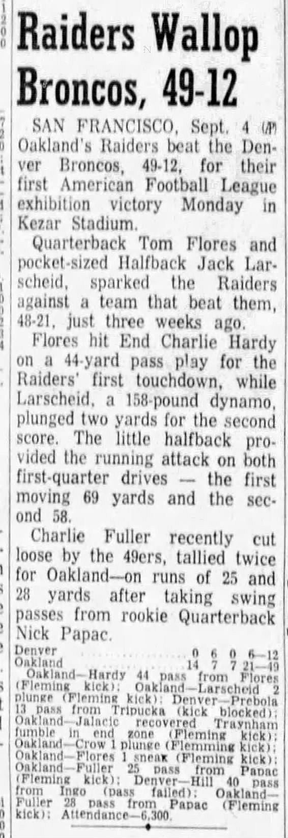 September 4, 1961 Oakland Raiders vs Denver Broncos AFL Football Program 2nd Year