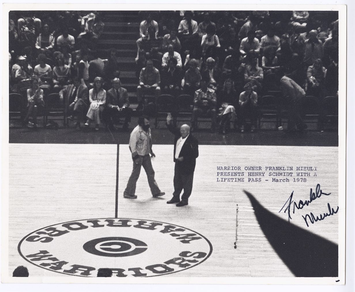 Franklin Mieuli Warriors Team Owner Signed AUTO 1978 Original TYPE I Photo Presenting Lifetime Pass To Team Trainer