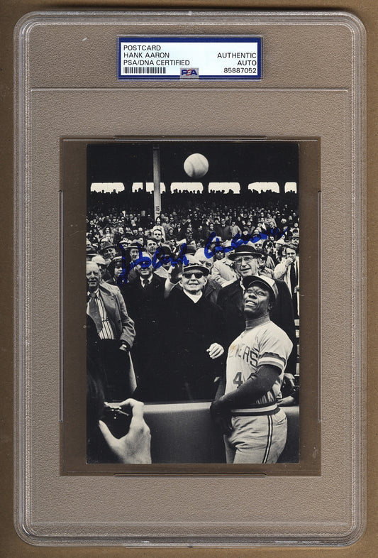 Hank Aaron Signed AUTO Postcard Photo 1975 Opening Day Fenway Park /w Duffy Lewis PSA/DNA