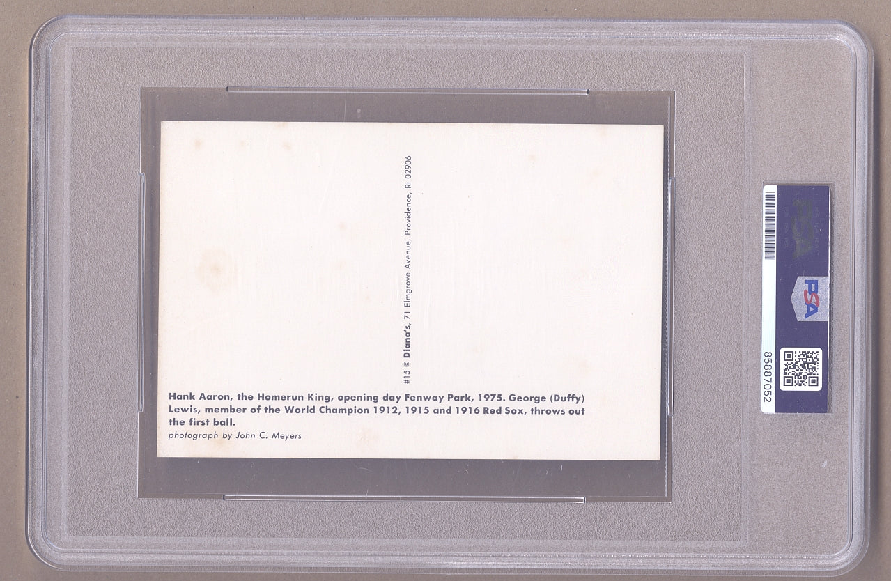 Hank Aaron Signed AUTO Postcard Photo 1975 Opening Day Fenway Park /w Duffy Lewis PSA/DNA