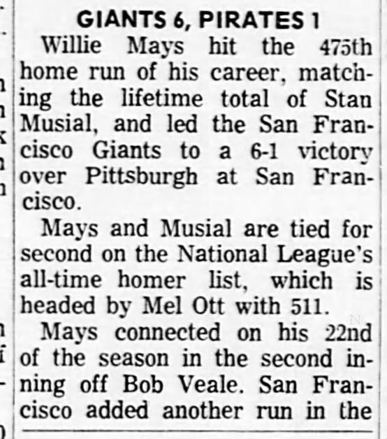 June 23, 1965 SF Giants vs Pittsburgh Pirates Willie Mays HR #475 Ties Stan Musial Ticket Stub