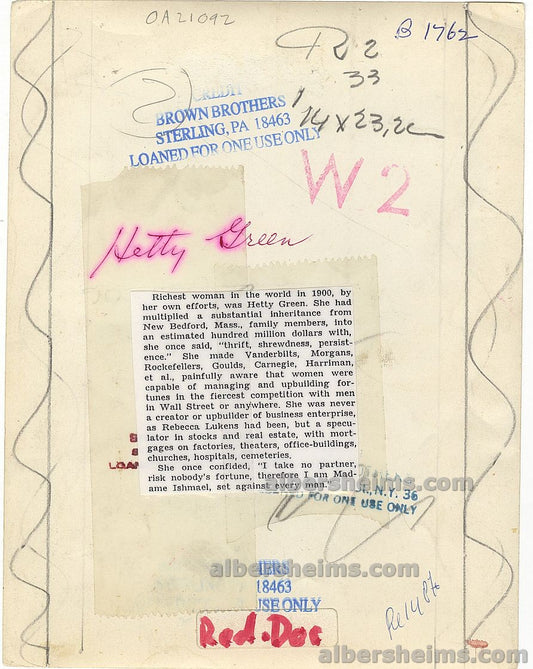 Hetty Green “The Witch of Wall Street” Original Brown Brothers Photo