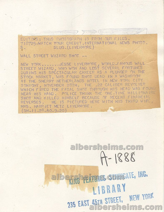 1940 Jesse Livermore Found Shot Dead "The Great Bear of Wall Street" with his Wife In Happier Times Original Press Photo