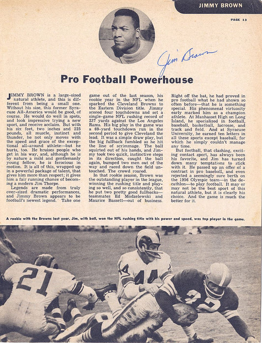 Circa 1958-59 Jim Brown Playing Days Signed AUTO Sport Magazine Photo