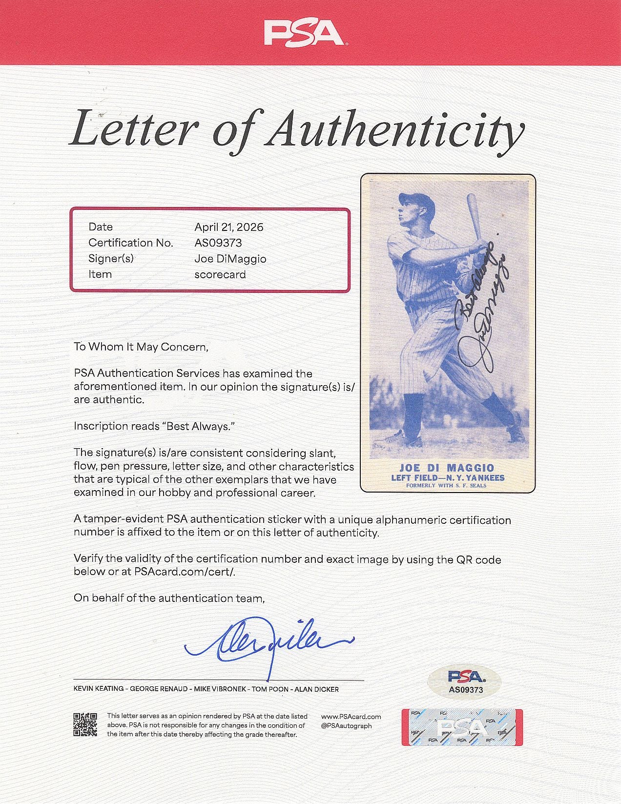 1936 San Francisco Examiner Joe DiMaggio Sport Stamp Promotional Scorecard Signed Autographed PSA/DNA LOA