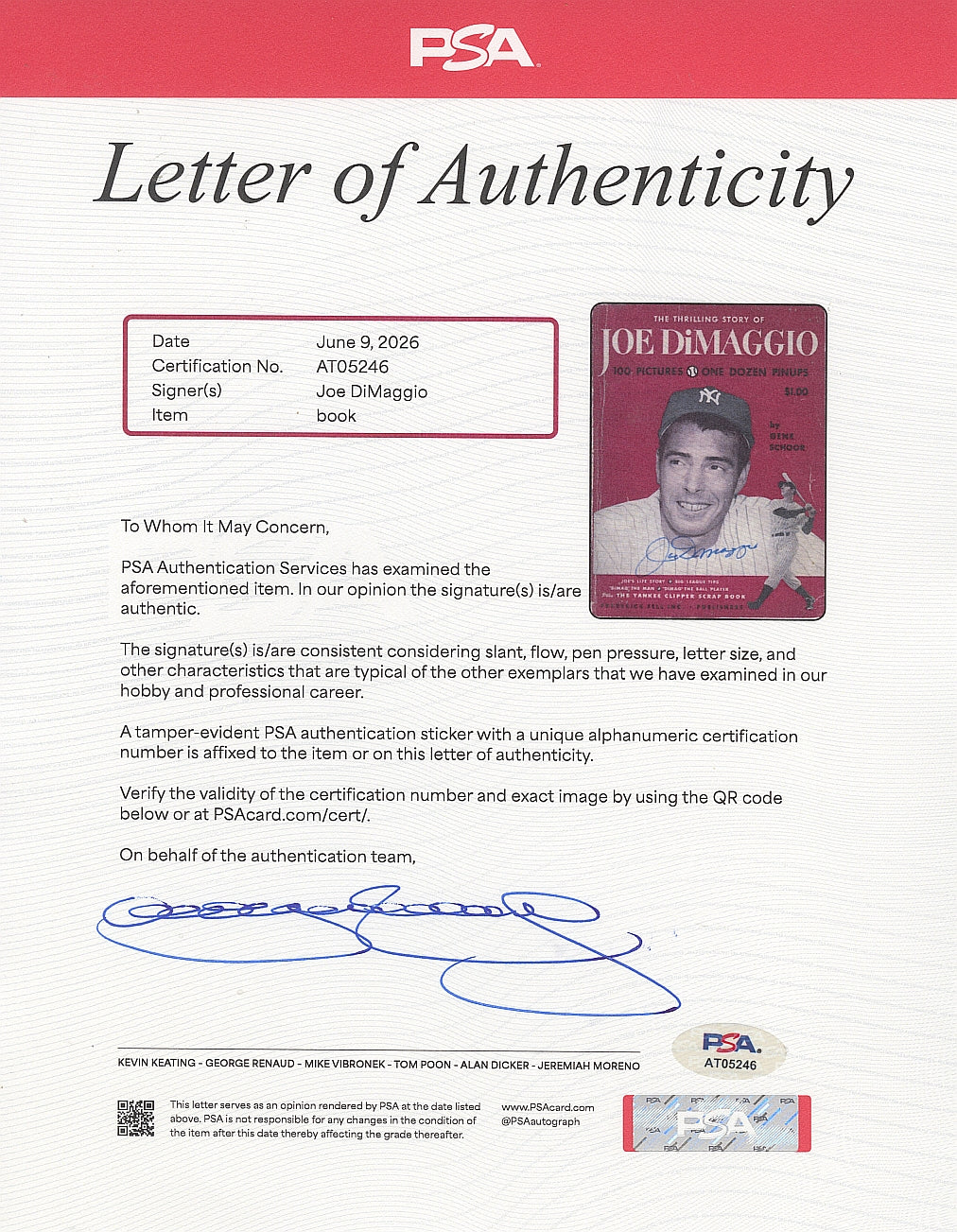 The Thrilling Story of Joe Dimaggio * 100 Pictures 1st Edition 1st Printing Signed AUTO PSA/DNA LOA