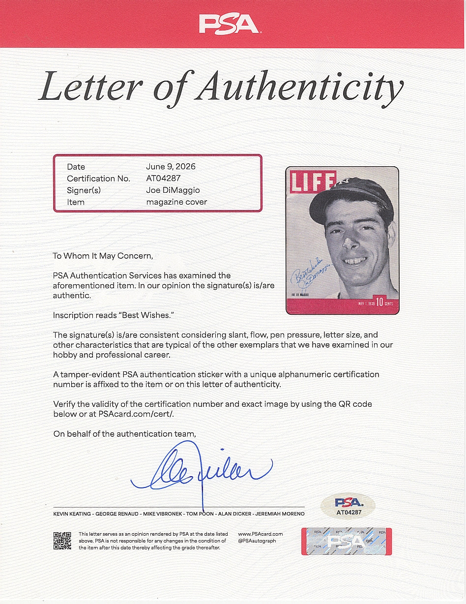 Joe DiMaggio Signed AUTO 1939 Life Magazine Full Issue Yankees “Best Wishes” PSA/DNA LOA