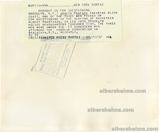 1957 Godfather Apalachin Mobster Joseph Profaci Questioned For the Murder of Albert Anastasia Original TYPE I Photo