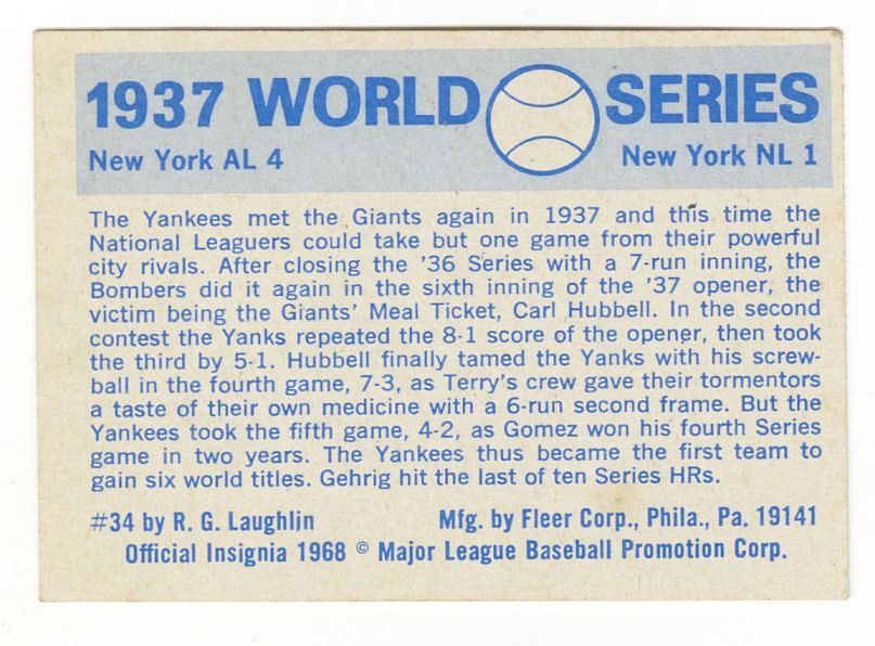 1968 Fleer Laughlin Lefty Gomez Signed AUTO 1937 World Series #34 Baseball Card