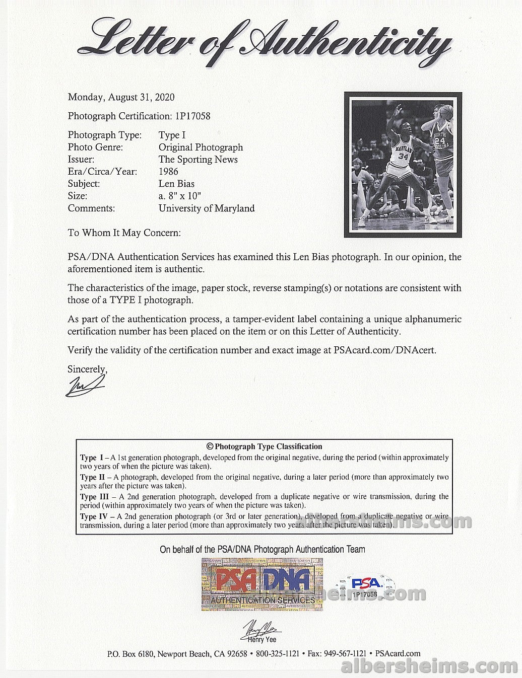 1986 Len Bias Maryland Basketball G.O.A.T. Boxes Out UNC Original TYPE I Photo  PSA/DNA LOA