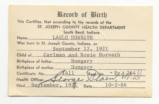 Les Horvath Official Birth Certificate Card 1944 Ohio State Heisman Trophy Winner – Family LOA