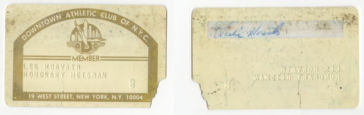 Les Horvath SIGNED AUTO Downtown Athletic Club of N.Y.C. Membership Card  – Family LOA