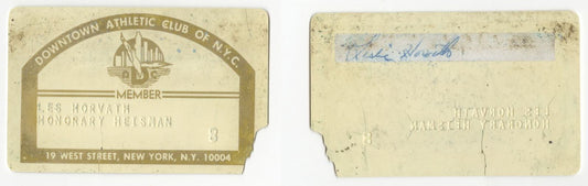 Les Horvath SIGNED AUTO Downtown Athletic Club of N.Y.C. Membership Card  – Family LOA