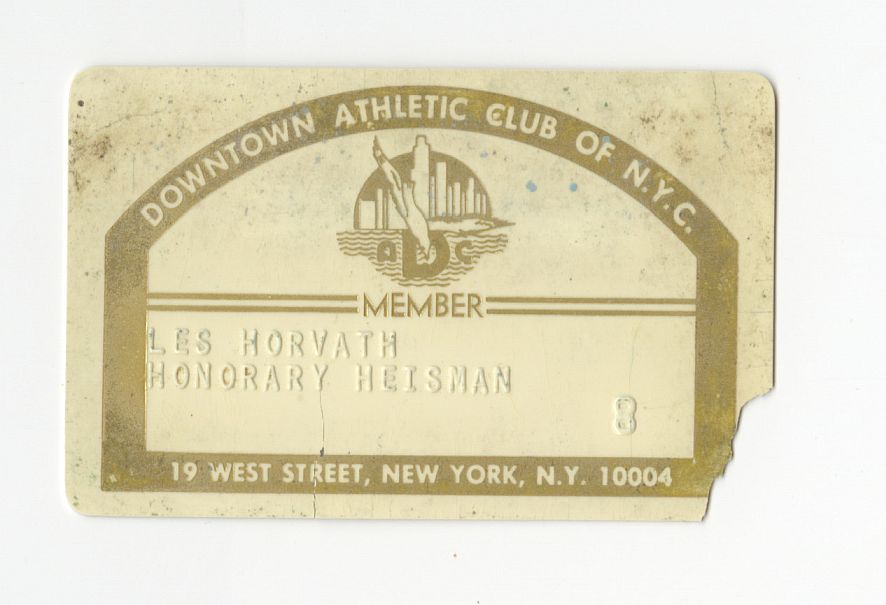 Les Horvath SIGNED AUTO Downtown Athletic Club of N.Y.C. Membership Card  – Family LOA