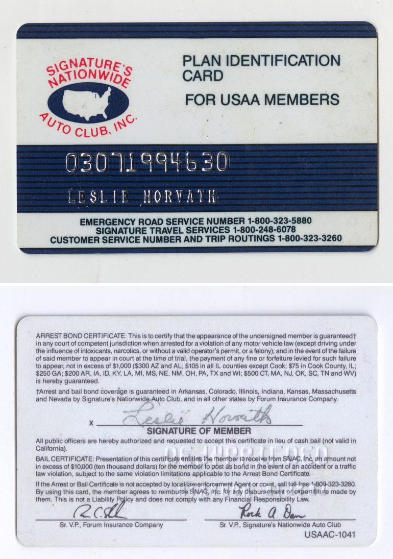 Les Horvath SIGNED AUTO USAA Nationwide Auto Club Membership Card  – Family LOA