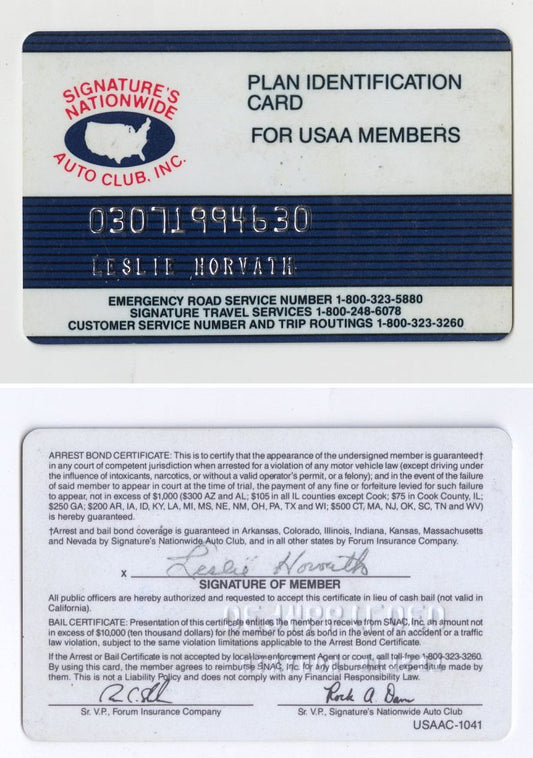 Les Horvath SIGNED AUTO USAA Nationwide Auto Club Membership Card  – Family LOA