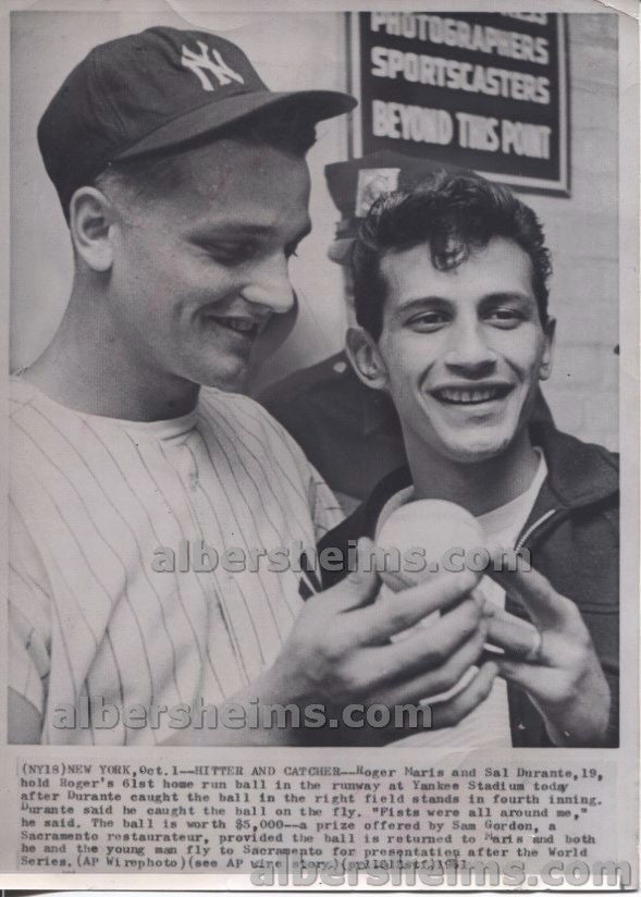 1961 Roger Maris, "Poses with 61st Home Run Ball and Sal Durante" (the Man who Caught it) Vintage Original Press Photo