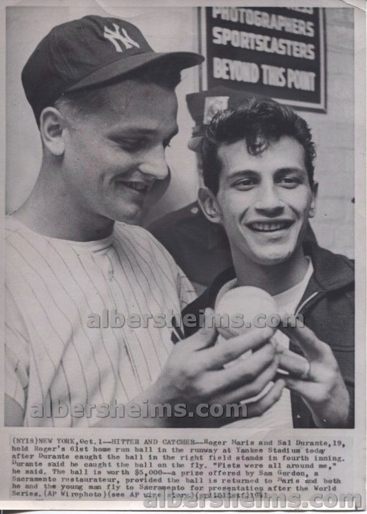 1961 Roger Maris, "Poses with 61st Home Run Ball and Sal Durante" (the Man who Caught it) Vintage Original Press Photo