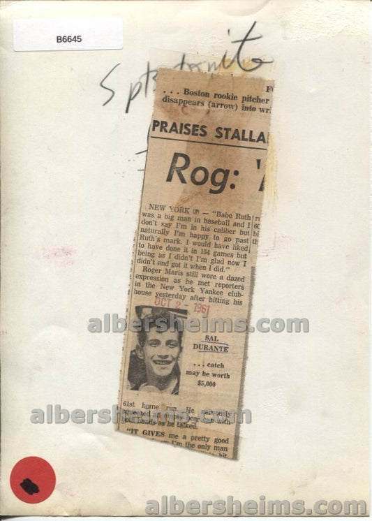 1961 Roger Maris, "Poses with 61st Home Run Ball and Sal Durante" (the Man who Caught it) Vintage Original Press Photo