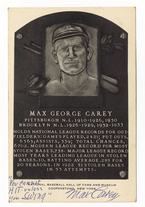 Max Carey Signed AUTO B&W Baseball Hall of Fame Plaque Postcard Great Inscription