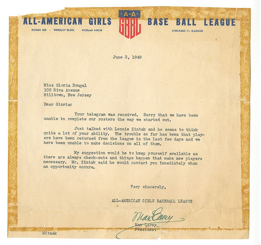 Max Carey Signed Autographed Letter to AAGPBL player – Gloria Dougal Historic!