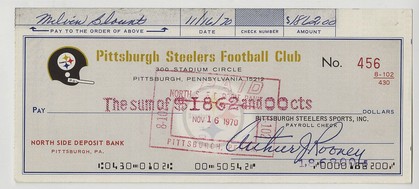 Art Rooney Signed AUTO 1970 Pittsburgh Steelers Payroll Check Signed by NFL Pro Football HOFer - Mel Blount Rookie Year