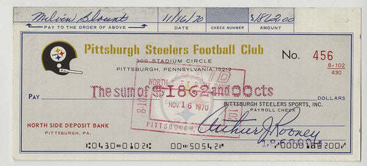 Art Rooney Signed AUTO 1970 Pittsburgh Steelers Payroll Check Signed by NFL Pro Football HOFer - Mel Blount Rookie Year