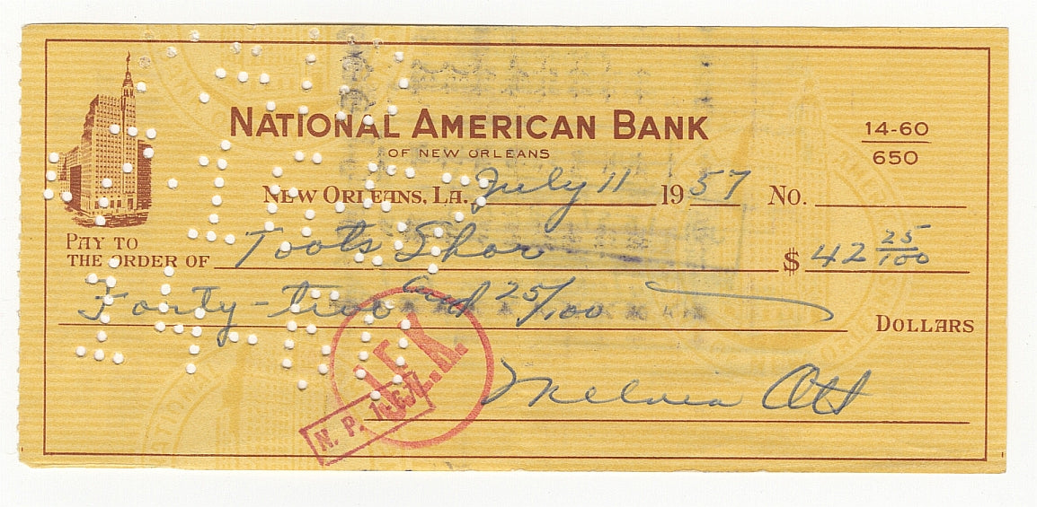 Mel Ott Signed AUTO personal check made out to Toots Shor Mel Ott Family LOA