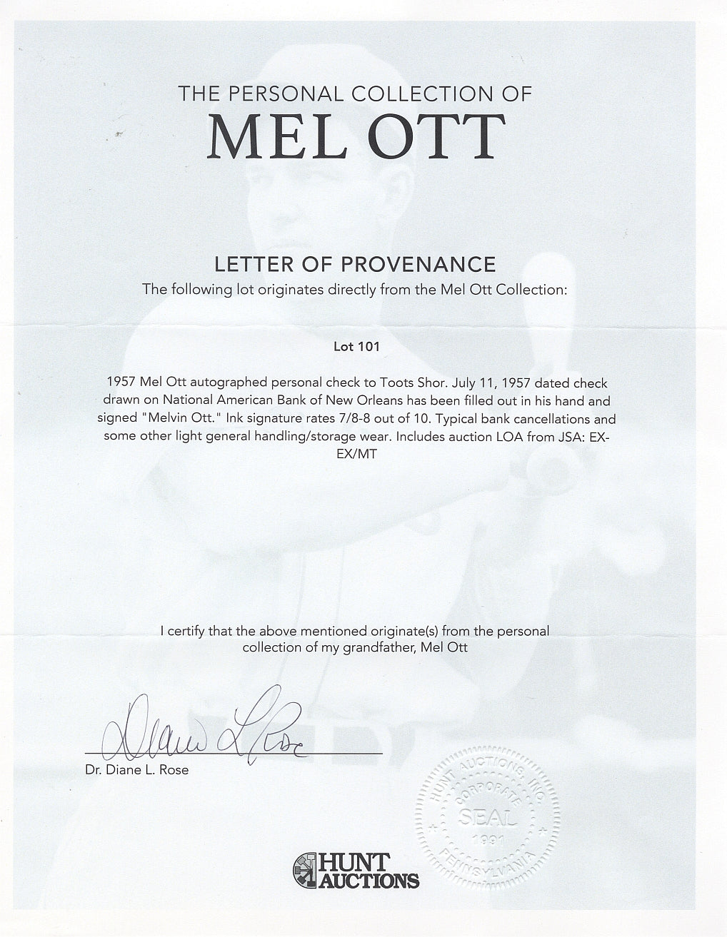 Mel Ott Signed AUTO personal check made out to Toots Shor Mel Ott Family LOA