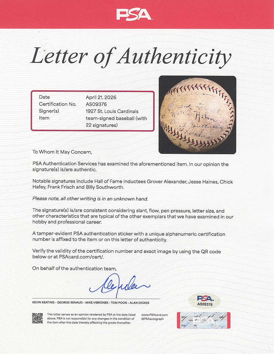 1927 St. Louis Cardinals Team Signed AUTO ONL (Heydler) Baseball /22 Sigs Grover Cleveland Alexander PSA/DNA LOA