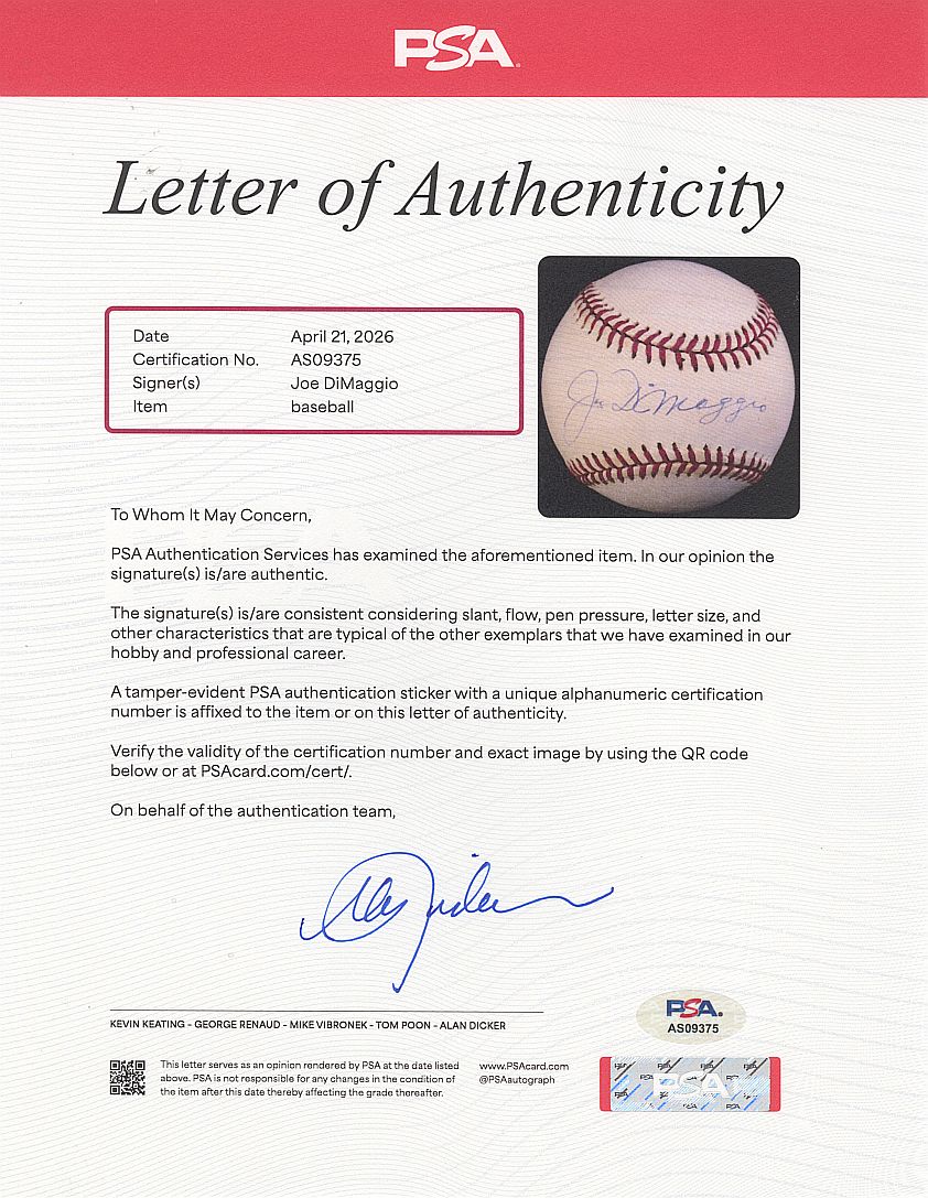 Joe DiMaggio Single Signed AUTO OAL (Budig) Baseball PSA/DNA LOA #2