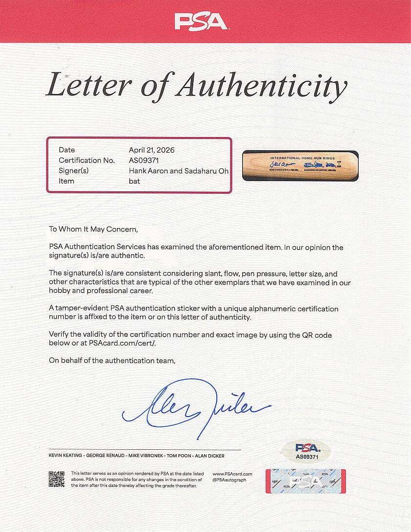 HANK AARON & SADAHARU OH SIGNED AUTO Rawlings 'INTERNATIONAL HOME RUN KINGS' LIMITED EDITION BAT PSA/DNA LOA