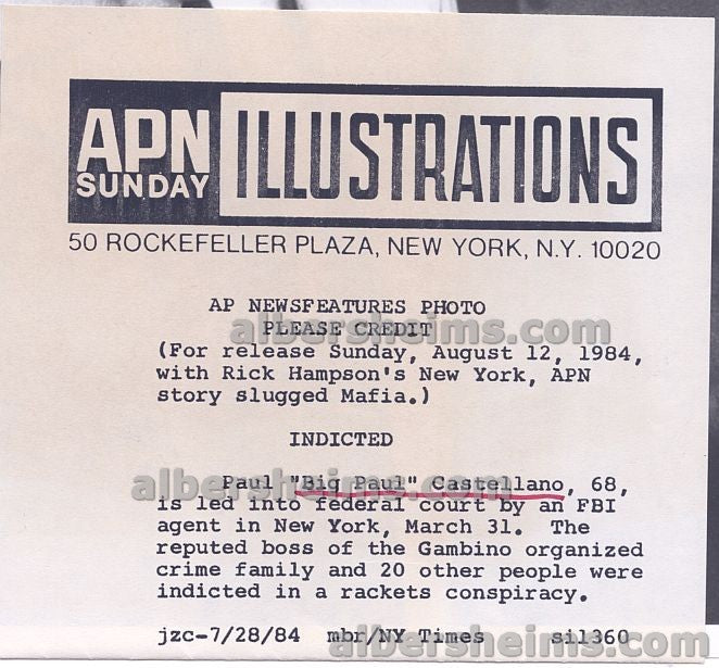 1984 Big Paul Castellano Mafia Mob Boss Taken into Custody by the FBI Original Press Photo