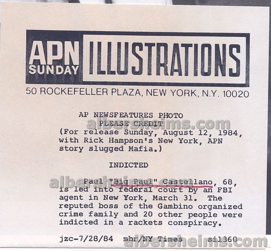 1984 Big Paul Castellano Mafia Mob Boss Taken into Custody by the FBI Original Press Photo