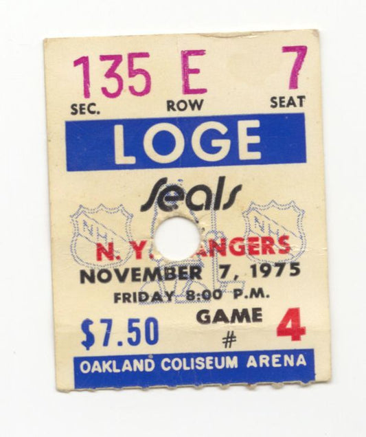 November 7, 1975 California Golden Seals vs New York Rangers NHL – Phil Esposito Rangers Debut Ticket Stub