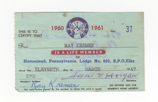 Ray Kremer Signed AUTO Elks Lodge Membership Card 1925 & 1927 Pirates D.1965
