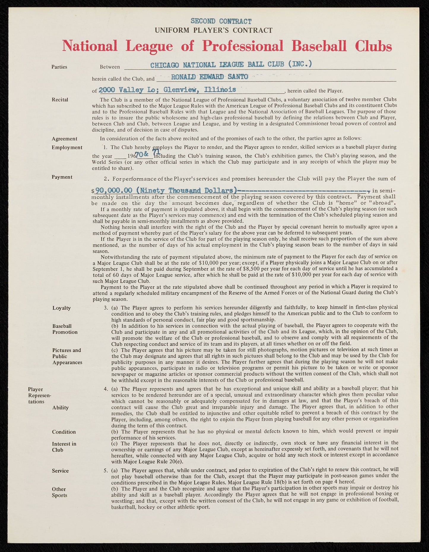 1971 Ron Santo Signed AUTO Chicago Cubs Baseball Contract Hall of Fame BAS LOA