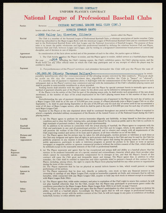 1971 Ron Santo Signed AUTO Chicago Cubs Baseball Contract Hall of Fame BAS LOA
