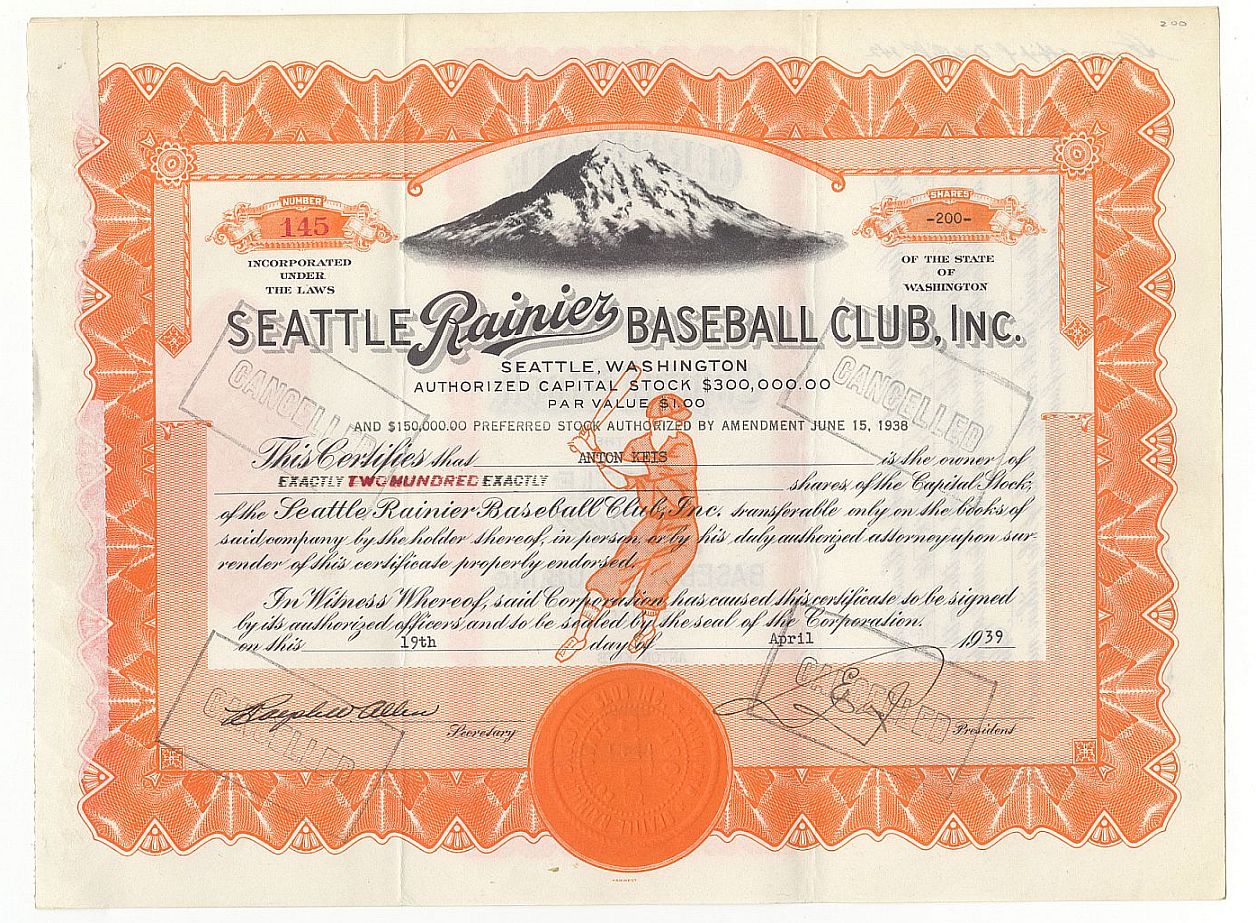 1939 Seattle Rainiers PCL Baseball Team Stock Certificate