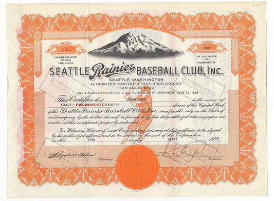 1939 Seattle Rainiers PCL Baseball Team Stock Certificate