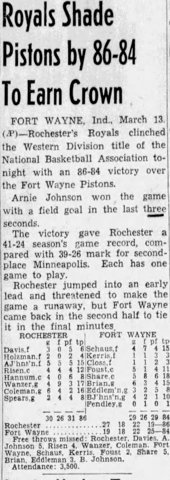 March 13, 1952 Ft. Wayne Pistons Multi-Signed AUTO vs Rochester Royals Program /w Hilliard Gates & Paul Birch BAS LOA