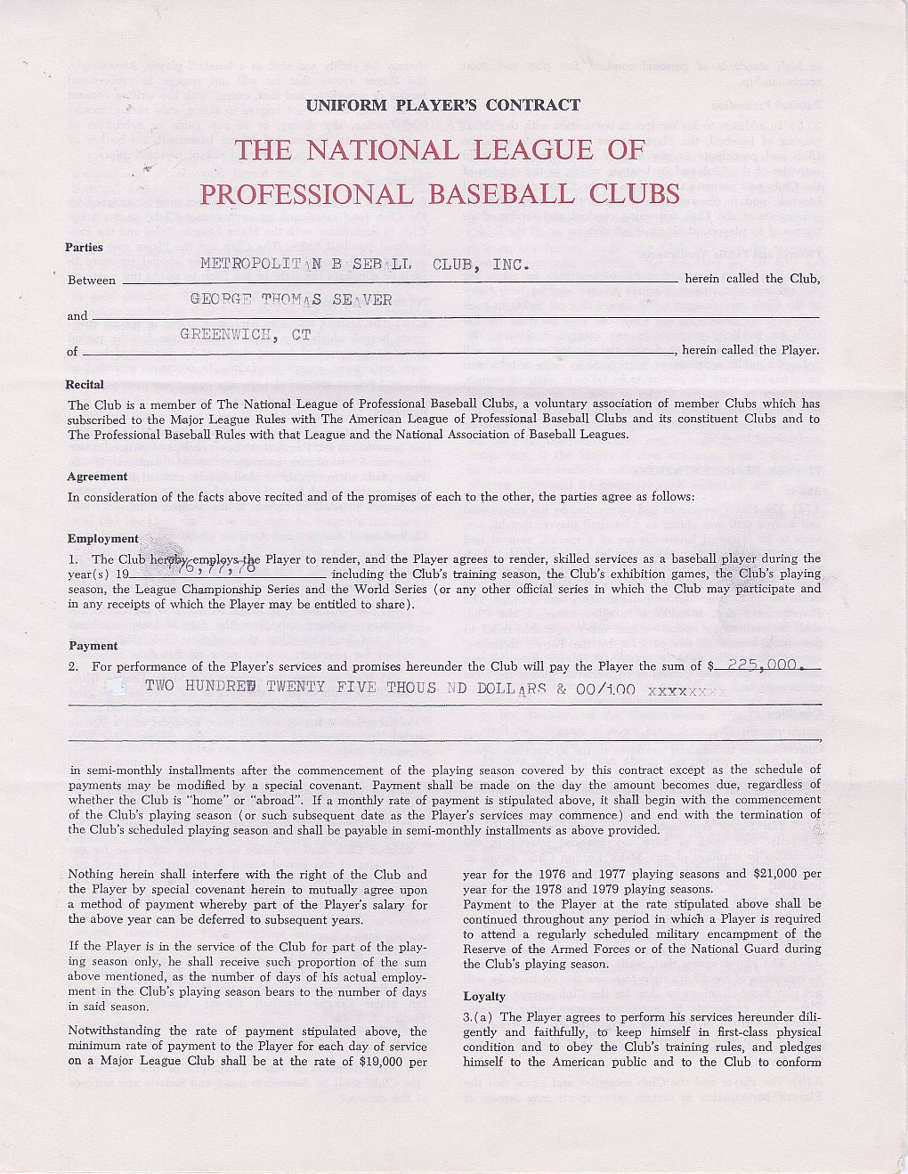 1976 Tom Seaver Signed AUTO Multi-Year New York Mets Baseball Contract Hall of Fame