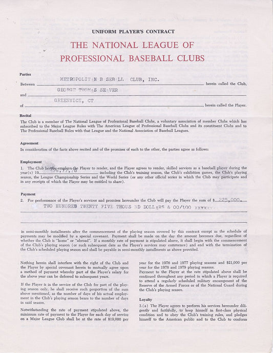 1976 Tom Seaver Signed AUTO Multi-Year New York Mets Baseball Contract Hall of Fame