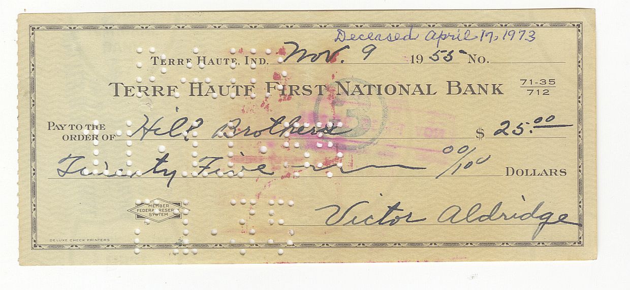 Vic Aldridge Signed AUTO check 1925 Pirates Cubs NY Giants D.1973